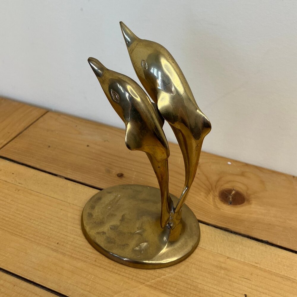 Brass Double Dolphin Figurine Jumping Pose Vintage Metal Figure 6.25" Tall